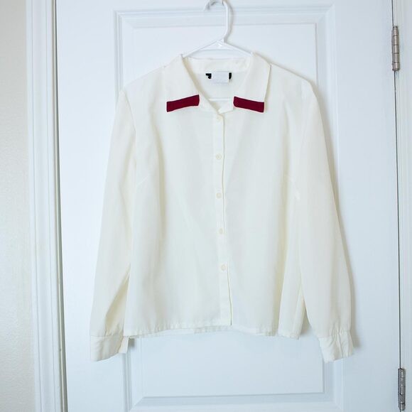 VTG Colorblock Career ZOÉ White Burgundy Collar Blouse Button Mod Minimal 14P - Picture 1 of 9